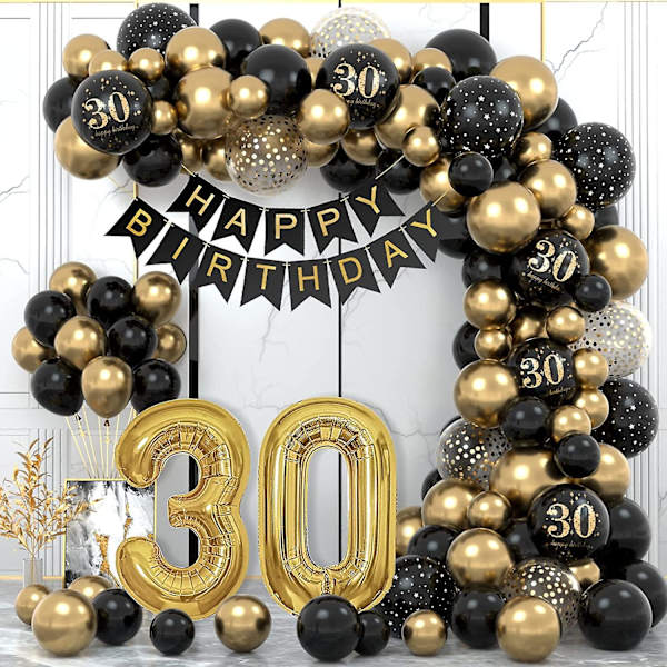 30-årsdag Dekoration, 30-års Man Kvinnor Fest Dekorationer, Grattis på Födelsedagen Girlang Ballong Svart Guld Dekoration