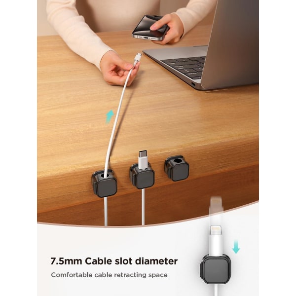6-pak magnetiske kabelclips [kabel glat justerbar] ledningsholder, kabelstyring under skrivebordet, selvklæbende ledningsholder Keeper Organizer til hjemmekontor Black