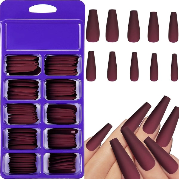 100stk Matt Ekstra Lang Ballerina On Nails Kiste Falske Nagler-svart Wine Red