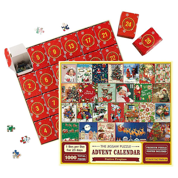 Adventskalender Puslespill 2024 - Juletelling Puslespill Adventskalender - 24 Dagers Juletelling Puslespillsett 1000 Brikker DIY Retro Puslespill Jul