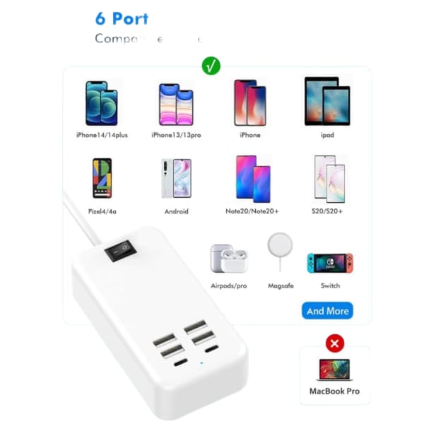 USB C, 6-ports USB-oplader, 2 USB-C-porte + 4 USB-A-porte, multi-USB-oplader
