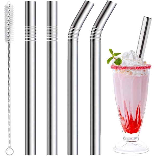 Milkshake-oljet  10 mm leveät oljet, 4-pakk teräspoljet, 266 mm ja 216 mm pitkät oljet 1 oljenpuhdistusvälineellä, uudelleenkäytettävä