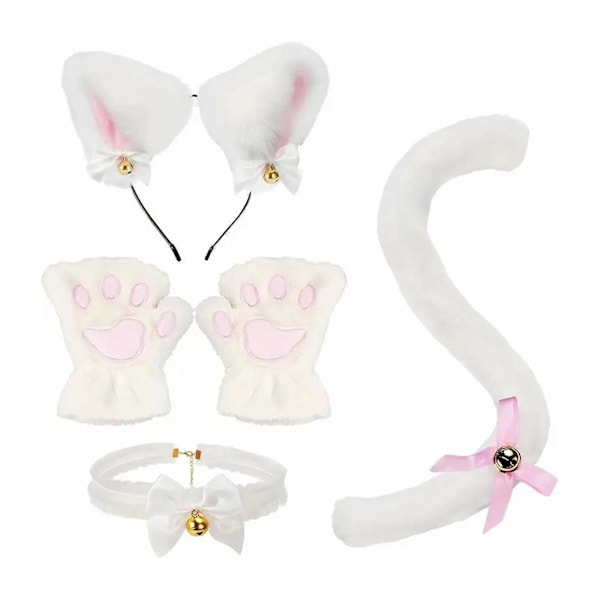 4 kpl/setti Kissan asu Cosplay-tarvikesetti Pehmomateriaali Kissan korvapanta Kellokaulakoru Kynsihanskat Häntäsetti White One Size