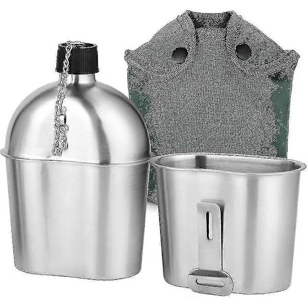 Militär Fältflaska Kit 2st 1000ml 600ml Rostfritt Stål Militär Fältflaska Kopp Set Med Överdragsväska För Utomhus Camping Vandring Backpacking