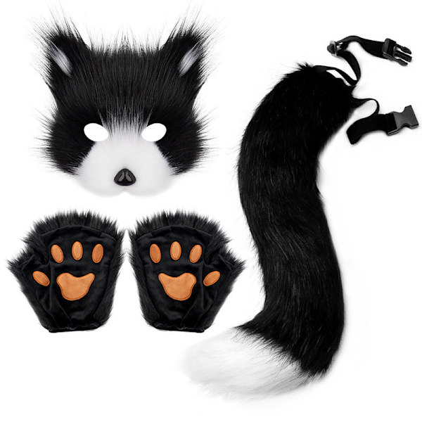 Teko-turkisrävähäntä Kissan Varasuden Cosplay-asusetti Pehmoinen Maski Pörröiset Kynnet Hanskat Halloween Joulu Musta ja Valkoinen Black and white One Size