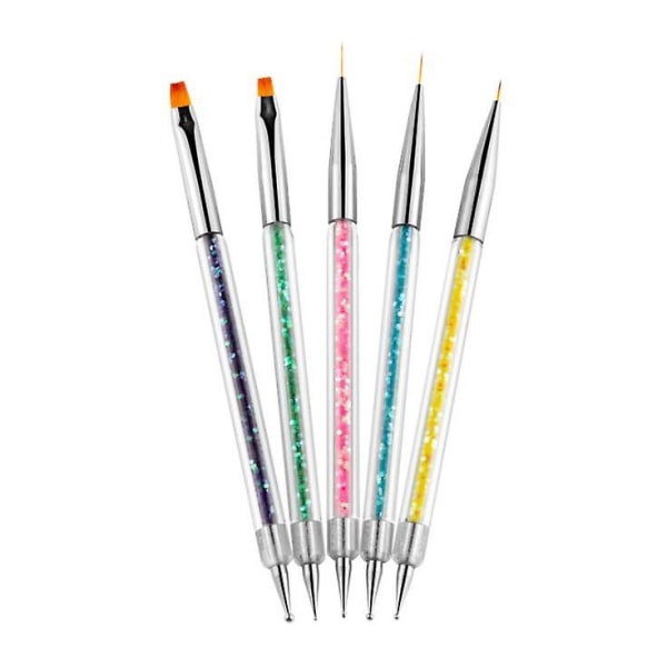 5 Pakke Nail Art-børster - Dobbel-endede Nail Liner-børste Dotting Pen Nail Art Point Drill Tegneverktøy