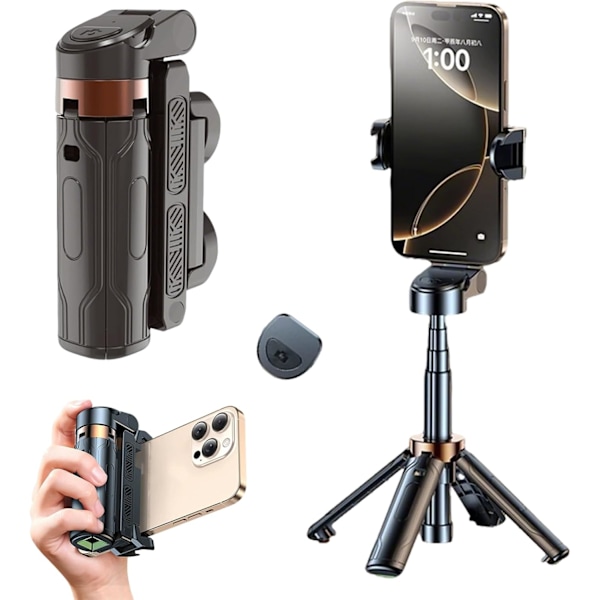 PocketFlex mini -jalusta, Elevopro Pocket 360, kaukosäädin ja valot iPhonelle (musta, mini-jalusta).