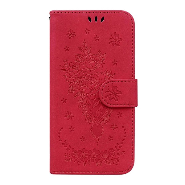 Til Motorola Moto E7 Sommerfugl Rose Præget Læder Telefon Cover Red