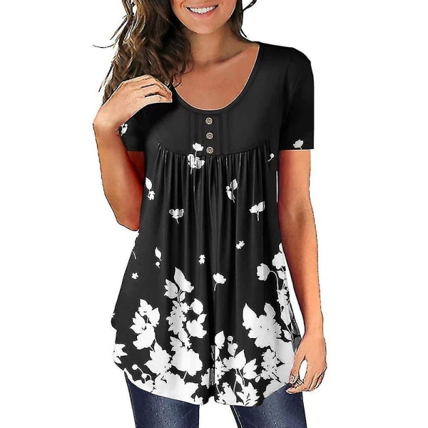 Kortærmet plisseret T-shirt til kvinder med blomsterprint, sommer afslappet bluse Løs tunika T-shirts Plus Size E S