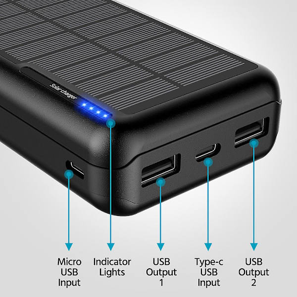 Solar Power Bank 30000mAh Lader: Bærbar Powerbank med 2 USB & LED Lommelykt Utendørs Camping for Telefoner og Nettbrett