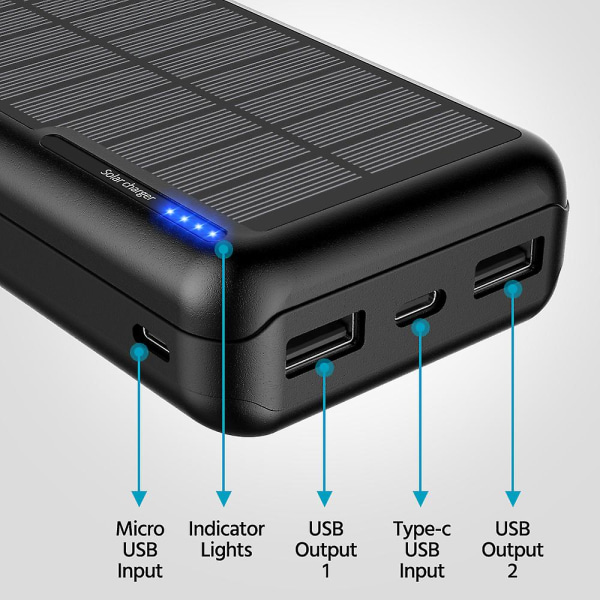 Solar Power Bank 30000mAh Oplader: Bærbar Power Bank med 2 USB & LED Lommelygte Udendørs Camping til Telefon Tablets