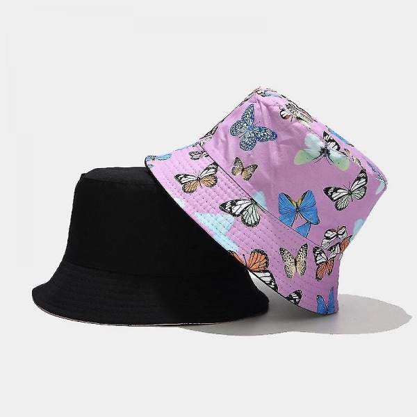 Wekity Cute Bucket Hat Beach Fisherman Hats For Dame, Vendbar Dobbel-side-wear (sommerfugl, lilla)