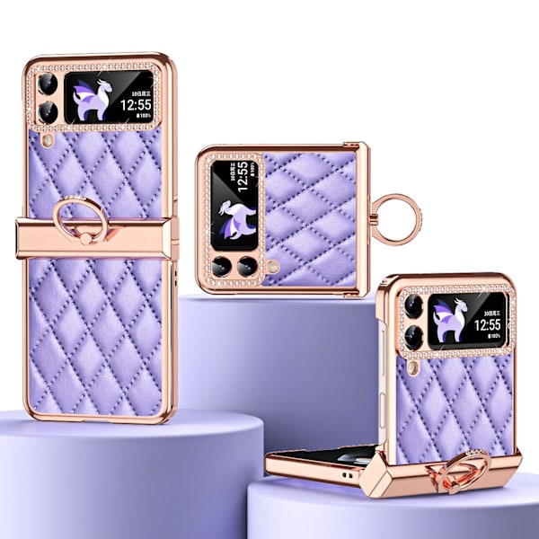 Kiiltävä timanttikuvioinen kotelo Samsung Galaxy Z Flip 4:lle, PU-nahkainen kotelo saranasuojalla ja renkaalla Purple For Galaxy Z Flip 4
