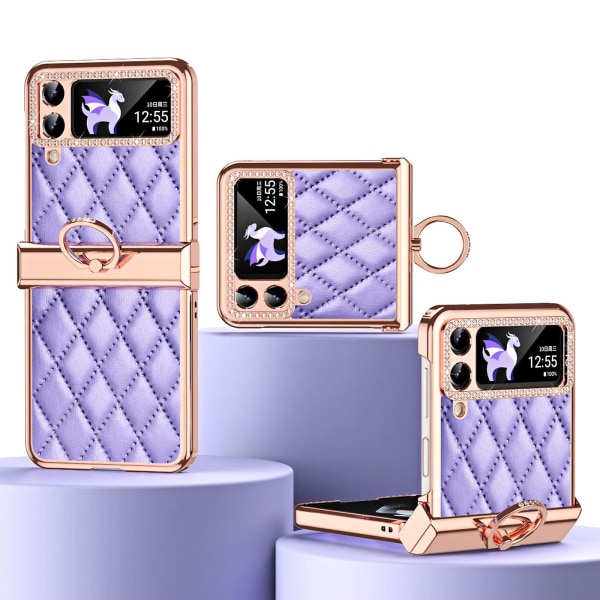 Plating Rhinestone Case kompatibel med Samsung Galaxy Z Flip 4, Pu lædercover med hængselbeskyttelse og ringholder Purple For Galaxy Z Flip 4