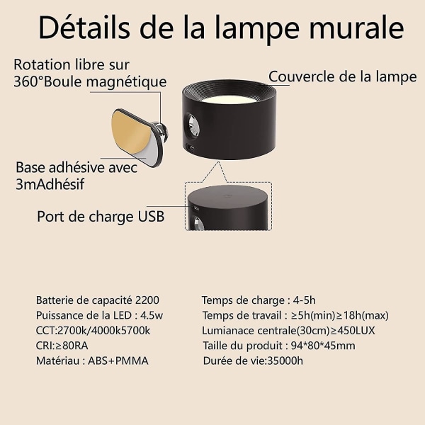 Indendørs væglampe, Touch Led væglampe med USB opladningsport Touch Control, 3 lysstyrke niveauer 3 temperaturer 360 roterbar natlampe til soveværelse