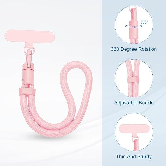 Justerbar telefonstropp i polyester med lapp i rustfritt stål for de fleste smarttelefoner (rosa)