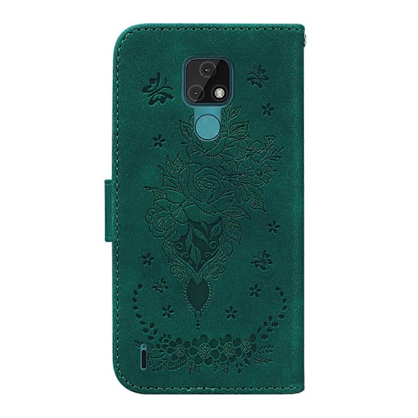 Til Motorola Moto E7 Sommerfugl Rose Præget Læder Telefon Cover Green