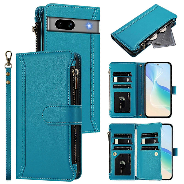 Magnetisk Stängning 9 Kortplatser Dragkedja Läderfodral med Handrem Turquoise For Google Pixel 7a