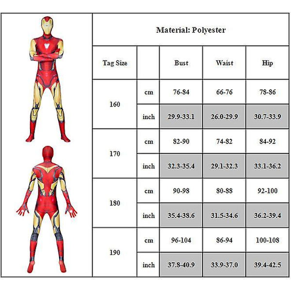 Iron Man Cosplay Kostume Bodysuit til Mænd Heldragt Karneval Party 160
