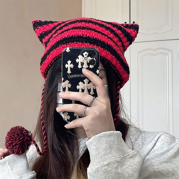 Kissa Pipo Söpö Virkattu Kissa Pipo Hopeisella Tähtihiusneulalla Vintage Asusteet Käsintehty Grunge Neulottu Hattu editor one size