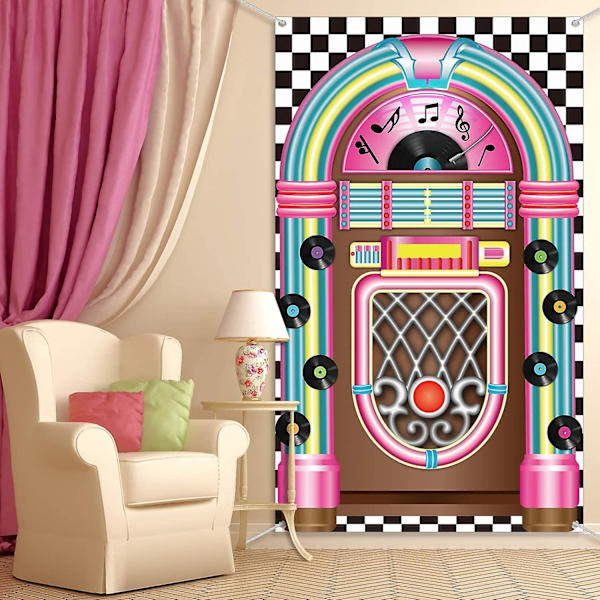Jukebox-leikkausbanneri 50-luvun rock and roll -banneri syntymäpäiväjuhlan koriste