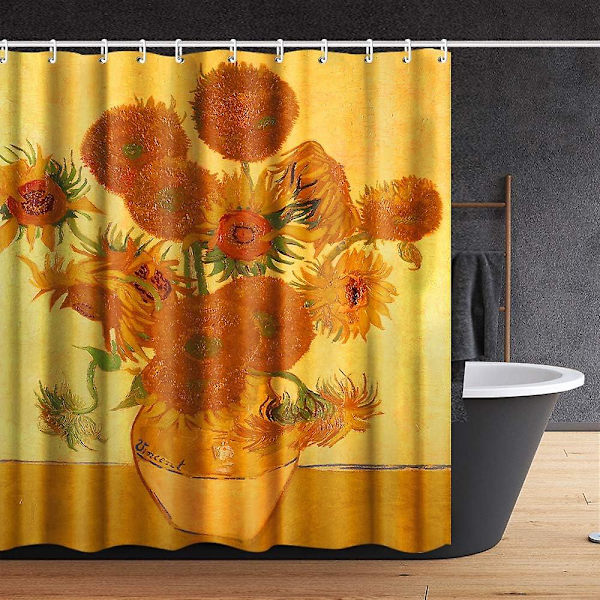 Extra Långt Duschdraperi Set med Krokar, solrosor av Van Gogh, konstnärliga målningar för badrum