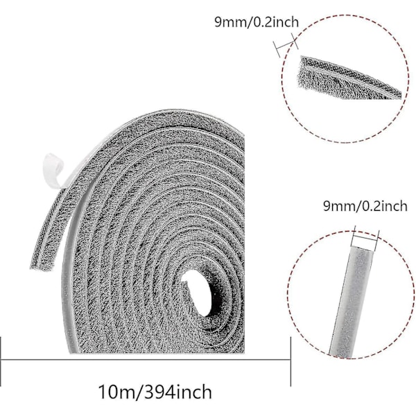 10m Harjasnauha, Tuulen- ja Pölynkestävä Itsekiinnittyvä Harjastiiviste Liukuville Ikkunoille ja Oville, 9mm Leveys X 9mm Korkeus, Harmaa