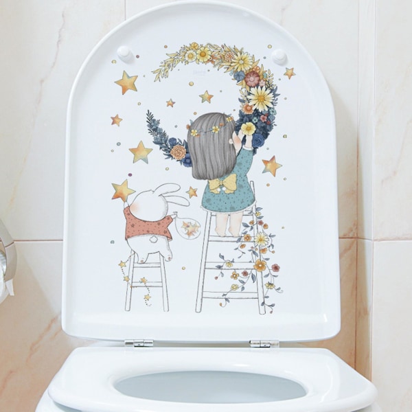 Toalett-klistremerke Søt jente Måne-månemønster-klistremerke Vanntett rester-fri fjerning veggdekor for hjemmebaderom