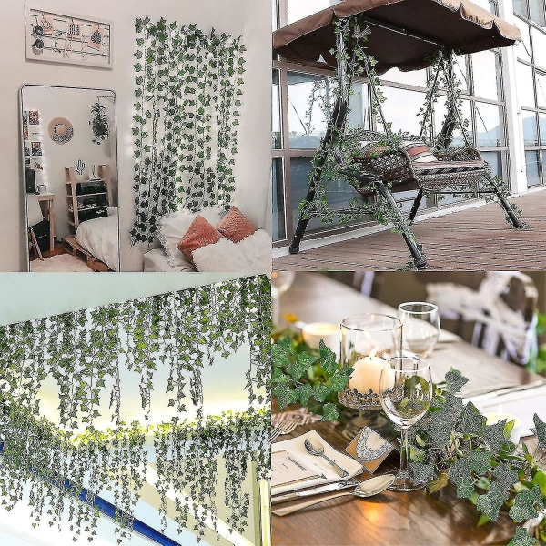 12 stykker falsk efeu falsk rattan, silke efeu krans grøn plante kunstig grøn hængende plante vinstokke, velegnet til bryllup væg, festlokale, hjemmekøkken