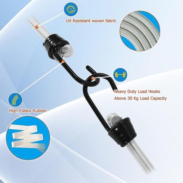 Bungee-sladd 61 cm med metallkrokar, 4-pack, vit kraftig