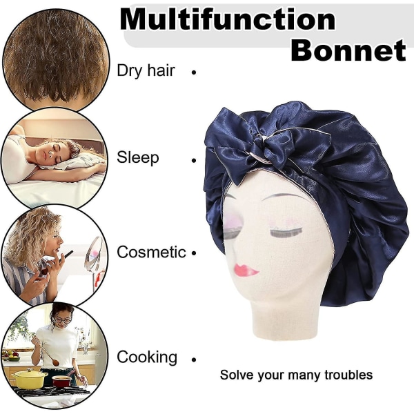 Satin Bonnet Silke Sleep Cap Hår Bonnets til sorte kvinder Stretchy Tie Band Hår Navy Blue and Pink