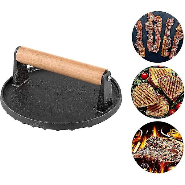 Burger Smasher, Icke-klibbig Burgerpress, Köttpress, Gjutjärnsbaconpress, Steakköttpress, Grillvikt, Tungt Utförande, Grillverktyg med Trähandtag, Grilltillbehör