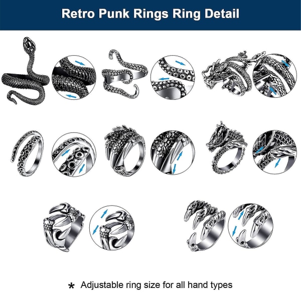 8 delar Vintage Punk Ringar Octopus Dragon Snake Justerbar Ring