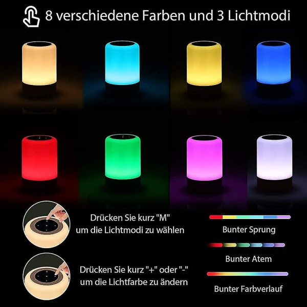 Led nattbordslampe Touch dimbar, bordlampe batteridrevet 8 farger og 3