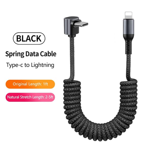 PD Fast Charging Angled Coiled USB-C Cable, 1-Pack 1.5m Stretchable Braided Charging Cable, Compatible with iPhone 15/16 Plus/Pro Max