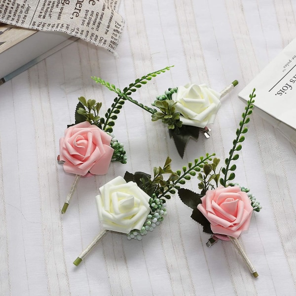 Boutonniere Flower Foam Corsage Bryllupsblomster til bryllup (hvit, pakke med 6)