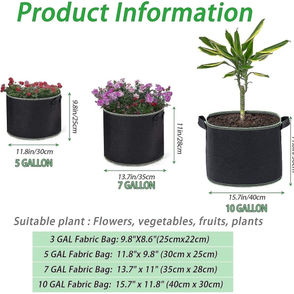 Grow Bags, 5 Pack 1 gallon Plant Grow Bags, Ikke-vevd Plantestoff Potter, Hage Grow Bag med håndtak for grønnsaker, frukt