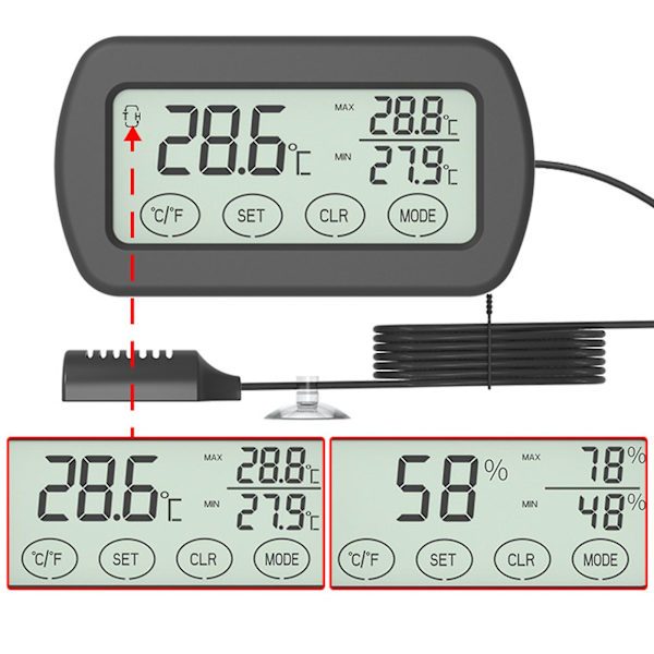Reptil Pet Box Inkubator Äggkläckningstermometer Hygrometer med porbe + pekskärm + larmfunktion + max min display
