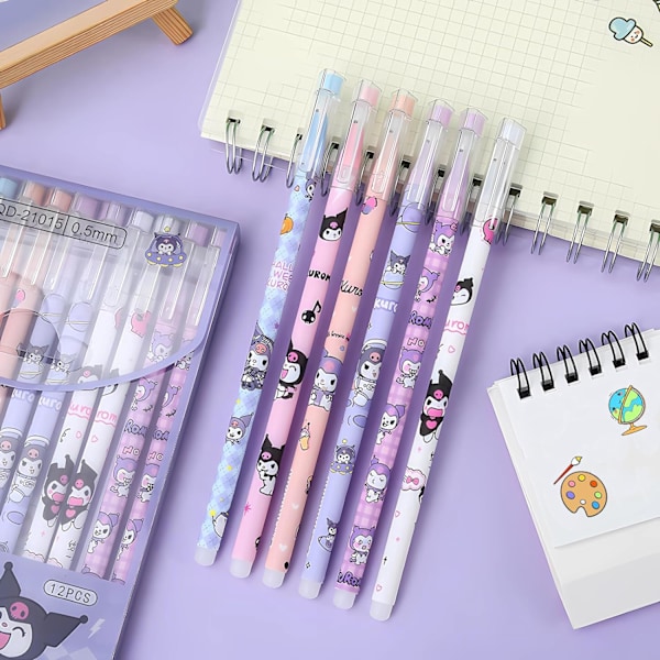 12 stk. tegneserie viskelærlige kulepenner Anime Gel blekkpenn Svart 0,5 mm Melody Kitty Gaver Søt Kawaii Skolemateriell Sett for barn Tenåringsjenter Studenter