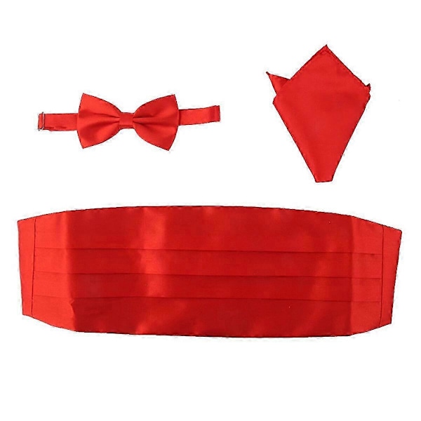 3 stk. Herre Satin Butterfly Sløjfe Cummerbund Hanky Lommetørklæde (Rød)