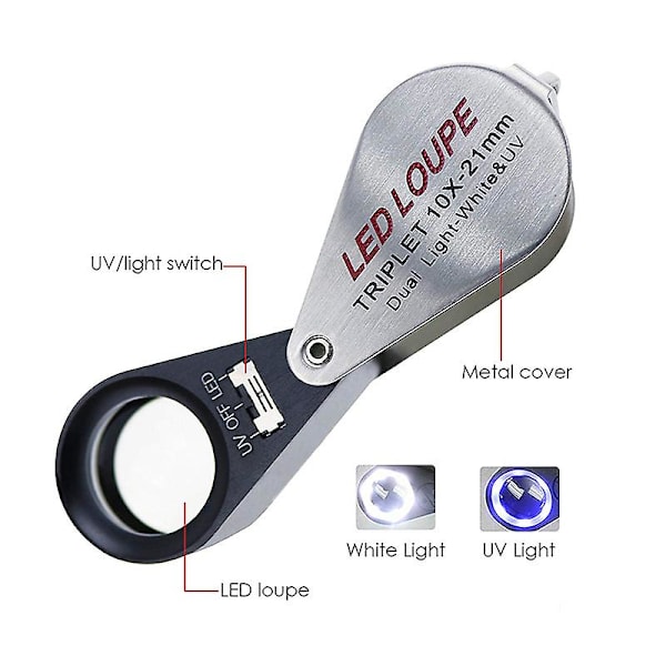 10x Suurennos Jalokiven Luppi Kolmoislinssi Suurennuslasi 6 Led Uv-Valolla 21mm Jalokiville, Koruille