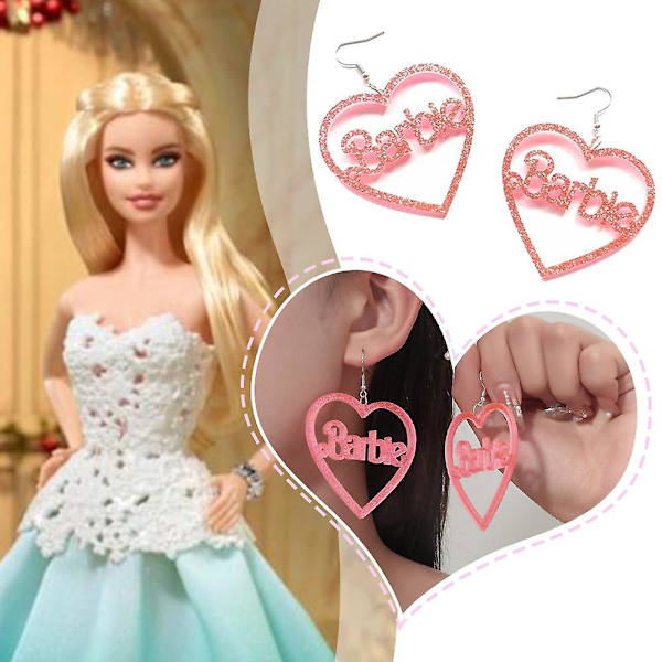 Barbie Pink Hjerte Øreringe Glitter Akryl Hjerteformede Bogstaver Hule Øreringe Moderne Barbiestyle Øreringe