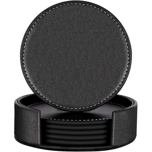 Bordskånere Firkantede læderbrikker til fester Kaffebar Pub Cup Mat Coasters Sæt med 6 glasbrikker med holder Sort-runde