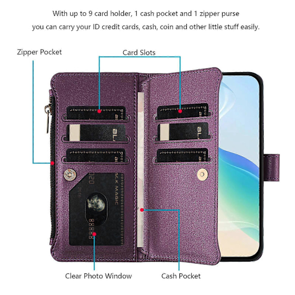 Magnetisk Stängning 9 Kortplatser Dragkedja Läderfodral med Handrem Purple For Google Pixel 10 Pro XL 5G
