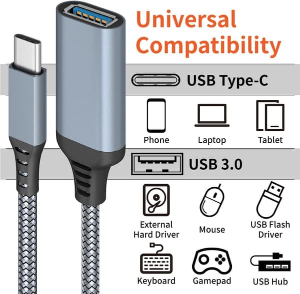 USB C - USB-sovitin, 2 kpl USB C uros - USB 3.0 naaras -sovitin, Thunderbolt 3 - USB naaras -sovitin MacBookille, harmaa 0,2 m