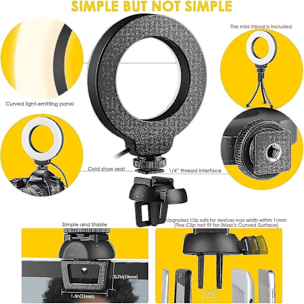 Ring Light Laptop Stativ - Konferansebelysningssett med 3 Lysmoduser Dimbar Led Ringlight for Møter Sminke Selfie Videoopptak Streaming