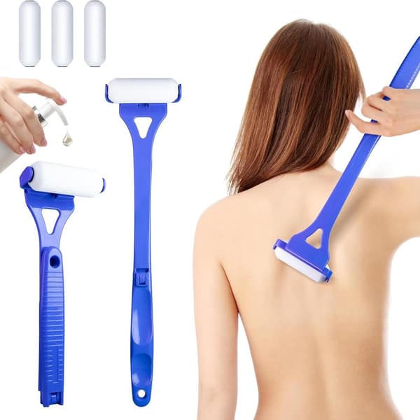 【CJY】Back Lotion Applicator with Long Handle, 4 Reusable Foam Rollers and Foldable Design for Easy Self-Application, Blue