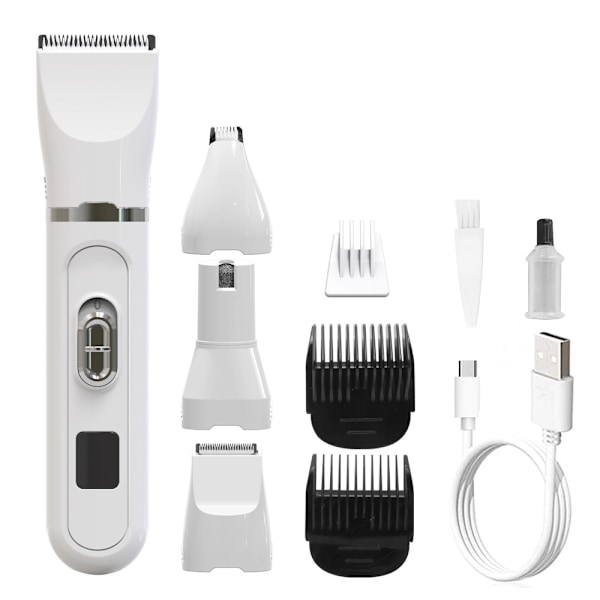 4-i-1 Klippmaskiner för Djurvård Professionell Hundhårstrimmer LCD-set för Djurhår - Perfekt White