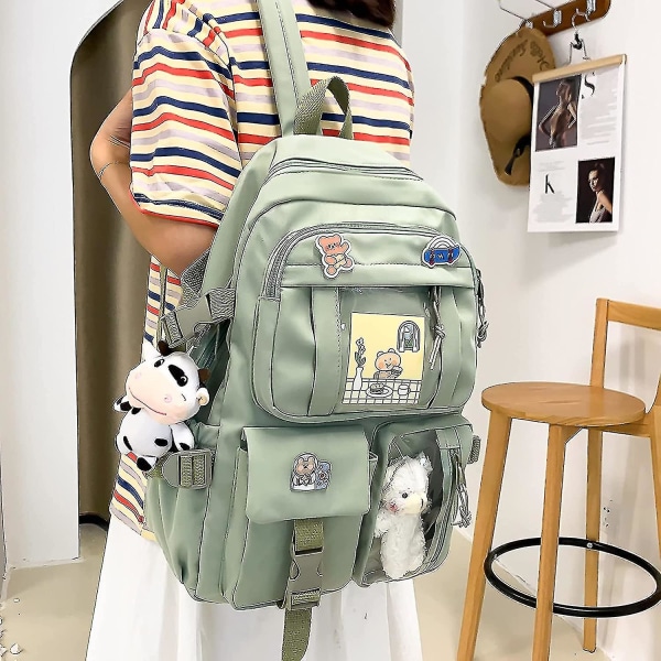 Ryggsäck. Japansk Kawaii ryggsäck skolväska med hänge. Liten ryggsäck. Skolmaterial Green