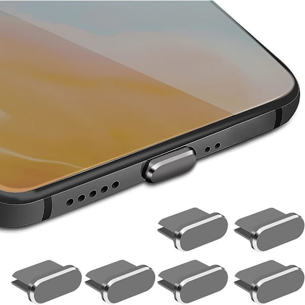 Type C støvprop sæt, 6 stk. aluminiumslegering USB C støvdæksel ladeportbeskytter, egnet til smartphone notebook computer (grå)